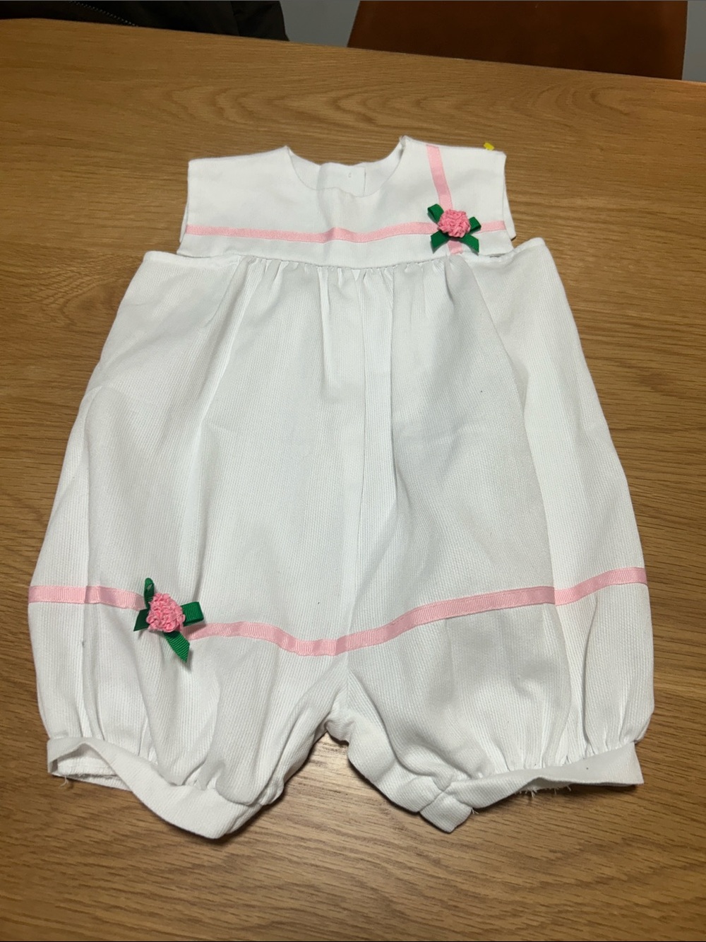 Vintage White Baby Girls Romper with Pink Trim and Green Rose Accents